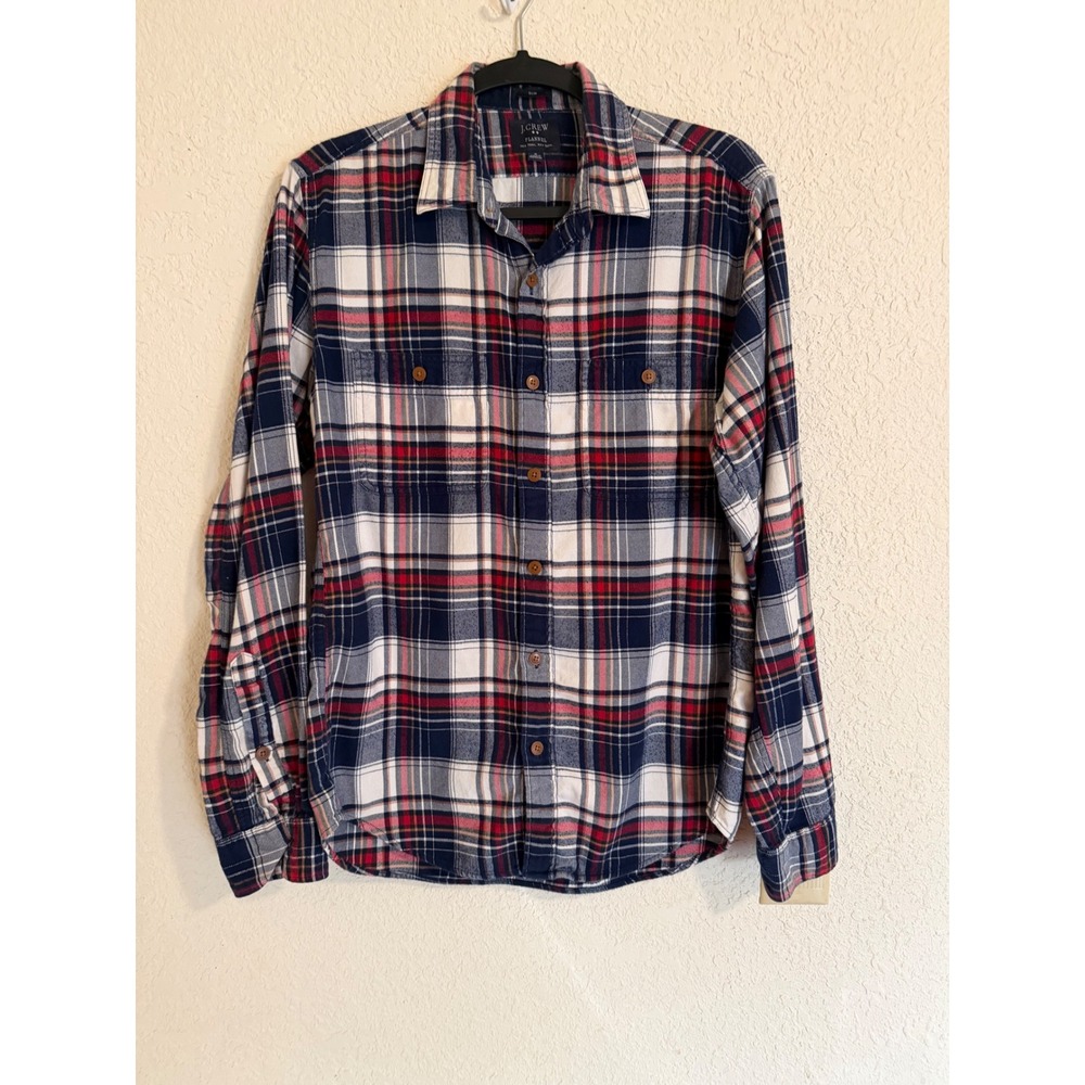 J.Crew Mens Slim Fit Flannel Shirt Navy Blue Red White Plaid Medium Western
